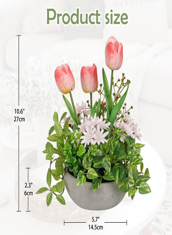 GnFlus Flower Centerpieces 10.6" Artificial Plants & Flowers in Pot Mixed Artificial Tulip with Pink Flowers Green Plant, Realistic Farmhouse Flowers Arrangements for Table Office Desk Kitchen Home Decor - Image 2