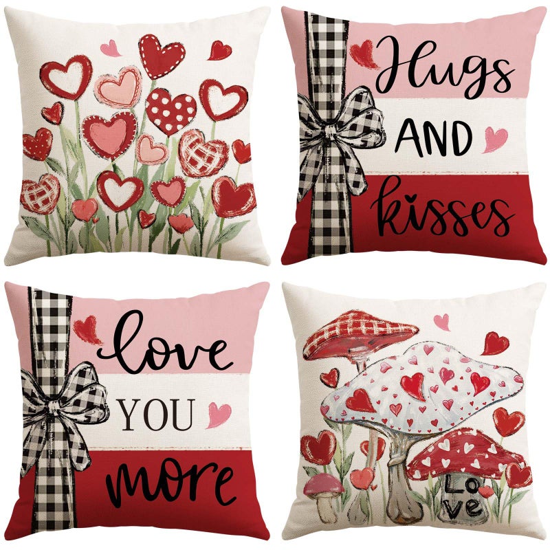 Artscope Valentine's Day Hugs and Kisses Throw Pillow Covers 18x18 Inch Set of 4, Valentine Wedding Red Pink Love Heart Decoration Pillow Cases for Home Sofa Couch - Image 1