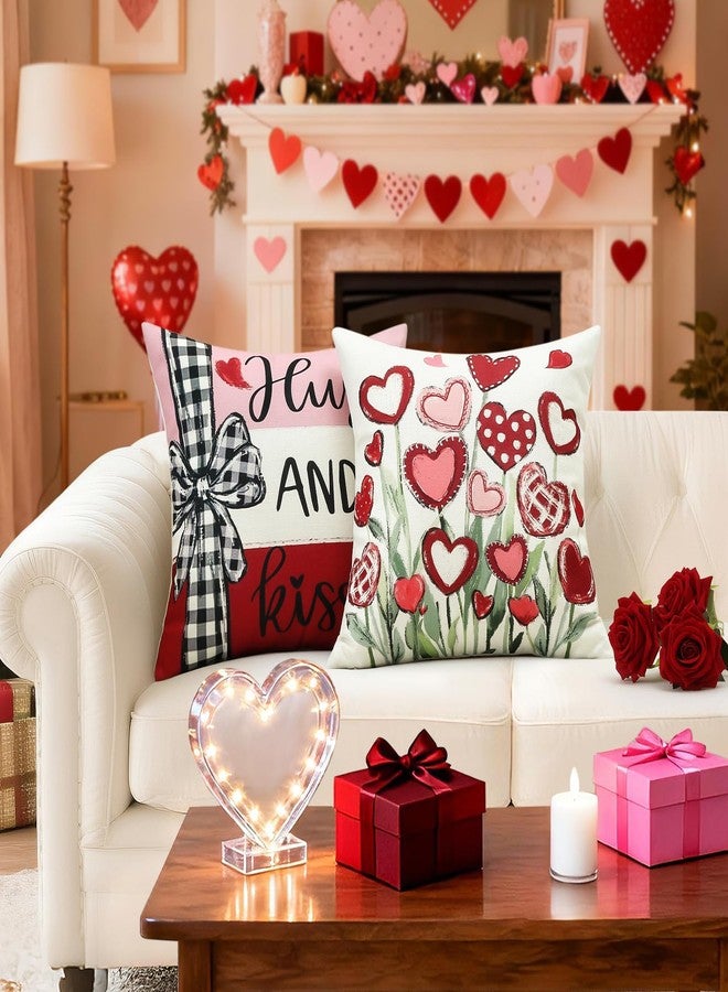 Artscope Valentine's Day Hugs and Kisses Throw Pillow Covers 18x18 Inch Set of 4, Valentine Wedding Red Pink Love Heart Decoration Pillow Cases for Home Sofa Couch - Image 5