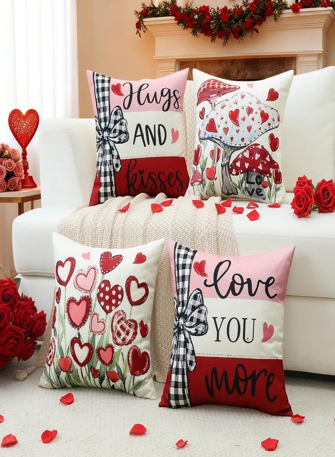 Artscope Valentine's Day Hugs and Kisses Throw Pillow Covers 18x18 Inch Set of 4, Valentine Wedding Red Pink Love Heart Decoration Pillow Cases for Home Sofa Couch - Image 2