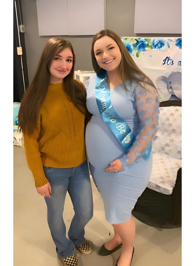 LAHILO Floral Mesh Bishop Long Sleeve Maternity Midi Dress, Fall Maternity Bodycon Dress for Baby Shower/Wedding Guest/Photoshoot, Blue, Small - Image 3