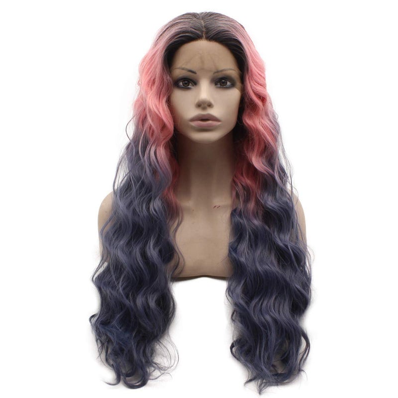 Mxangel Long Dark Roots Pink Gray Ombre Heat Friendly Fiber Lace front Cosplay Party Wig