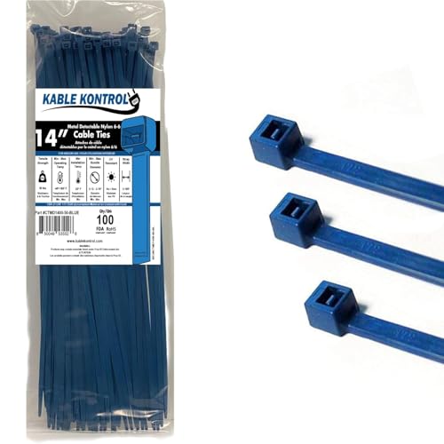 Kable Kontrol Metal Detectable Blue Zip Ties 100 Pcs 14 Inch, 50 Lbs Tensile Strength, Iron Infused Self-Locking Industrial Cable Ties - Image 1
