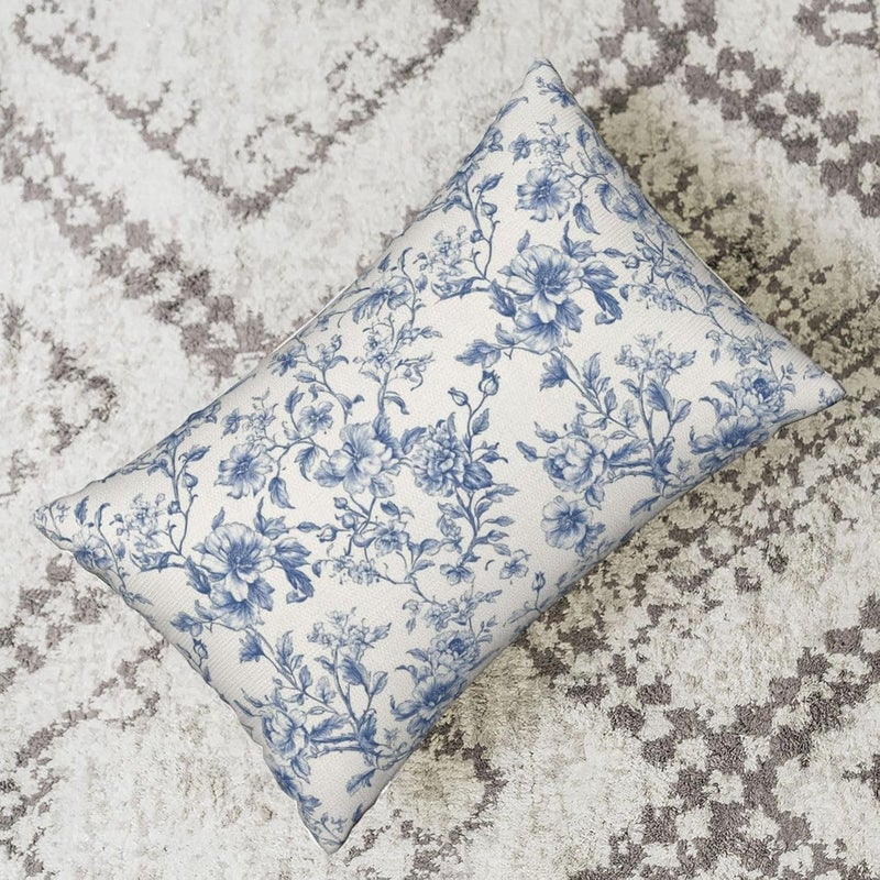 GOLIANDA Blue Pillow Covers 12x20 Set of 2 Chinoiserie Blue and Cream Floral Throw Pillows Vintage Rustic Toile Flower Decorative Pillowcase Outdoor Chinoiserie Decor Lumbar Cushion Case for Couch Bed - Image 5