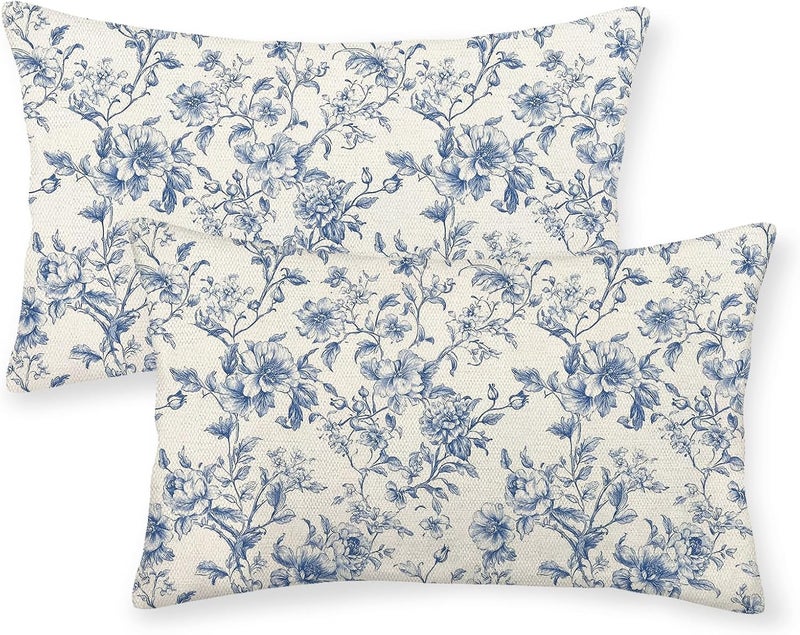 GOLIANDA Blue Pillow Covers 12x20 Set of 2 Chinoiserie Blue and Cream Floral Throw Pillows Vintage Rustic Toile Flower Decorative Pillowcase Outdoor Chinoiserie Decor Lumbar Cushion Case for Couch Bed - Image 1