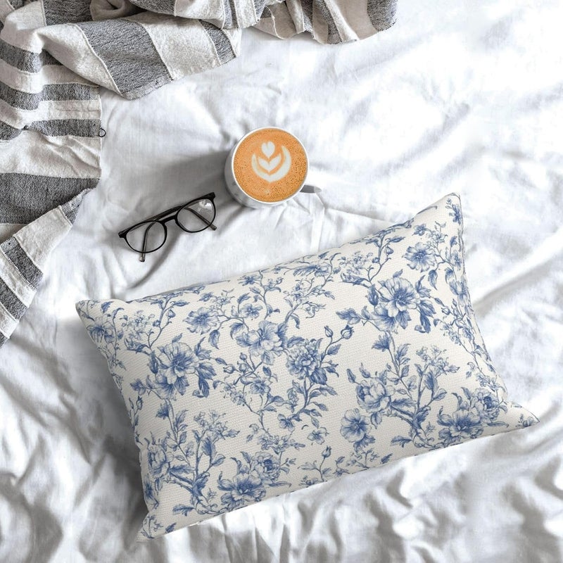 GOLIANDA Blue Pillow Covers 12x20 Set of 2 Chinoiserie Blue and Cream Floral Throw Pillows Vintage Rustic Toile Flower Decorative Pillowcase Outdoor Chinoiserie Decor Lumbar Cushion Case for Couch Bed - Image 4