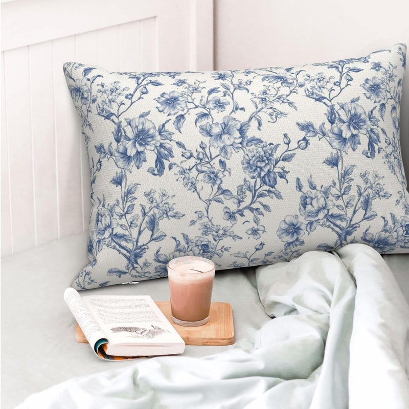 GOLIANDA Blue Pillow Covers 12x20 Set of 2 Chinoiserie Blue and Cream Floral Throw Pillows Vintage Rustic Toile Flower Decorative Pillowcase Outdoor Chinoiserie Decor Lumbar Cushion Case for Couch Bed - Image 3