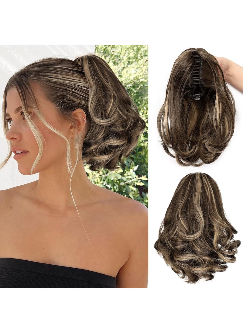 KooKaStyle KooKaStyle Ponytail Extension Short Curly Wavy Synthetic Drawstring Ponytail Hair Claw Clip In Pony Tail Hair Extensions Pieces for Women 10 Inch Brown mixed Blonde Highlights 