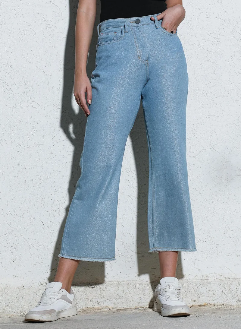 Campus Sutra Women's Light Blue Light-Wash Flared Denim Jeans For Casual Wear | High-Waist | Relaxed Fit | Button Closure | Denim Jeans Crafted With Comfort Fit For Everyday Wear