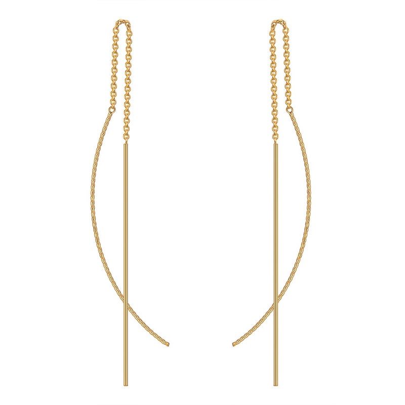 NOKMIT Threader Earrings for Women 14K Gold Tone Long Lightweight Dangle Drop Earrings Dainty Curved Bar Thin Chain Threads Hypoallergenic Jewelry Gifts - Image 1