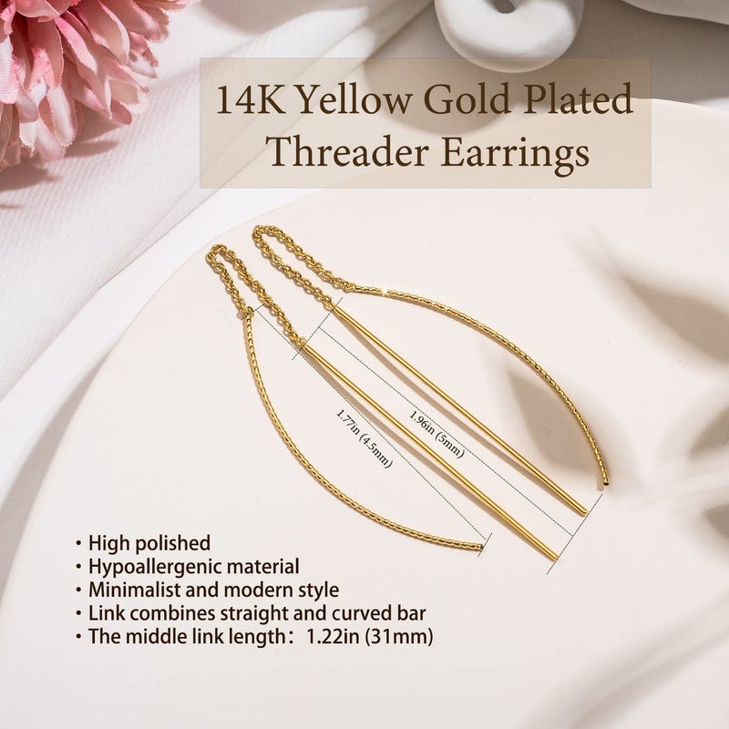 NOKMIT Threader Earrings for Women 14K Gold Tone Long Lightweight Dangle Drop Earrings Dainty Curved Bar Thin Chain Threads Hypoallergenic Jewelry Gifts - Image 2