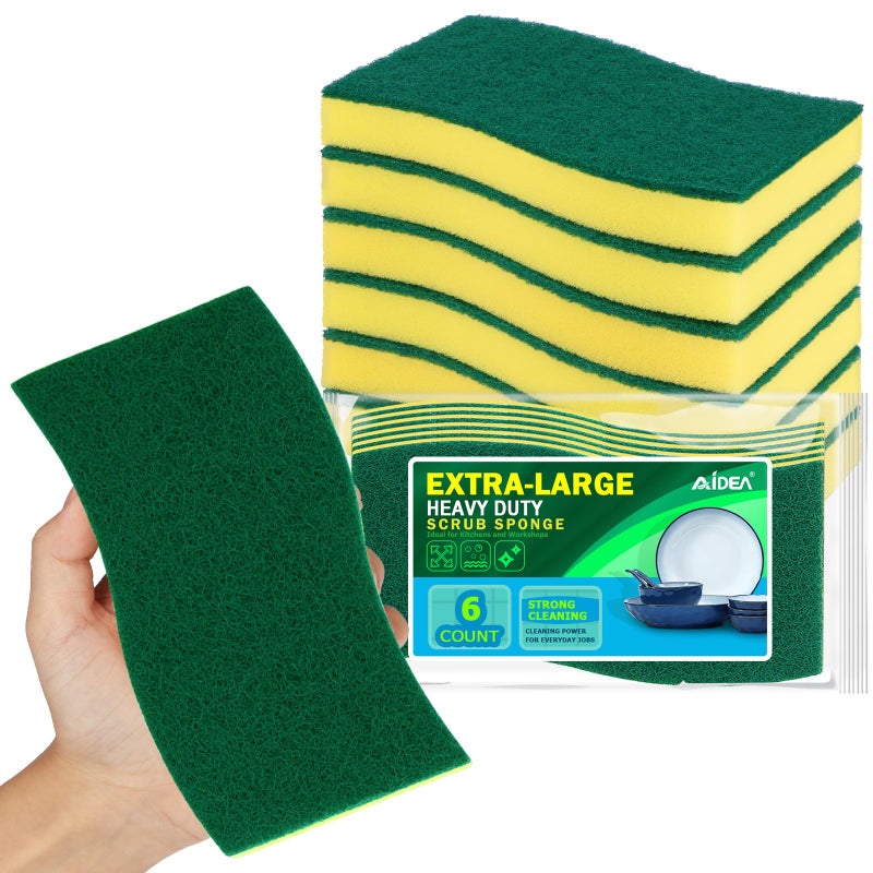 AIDEA Sponges Kitchen, XL Heavy Duty Dish Sponge, Cleaning Dish Scrubber Sponge for Home and Kitchen, Extra Large Cleaning Supplies for Pots, Pans, 6 Pack - Image 1