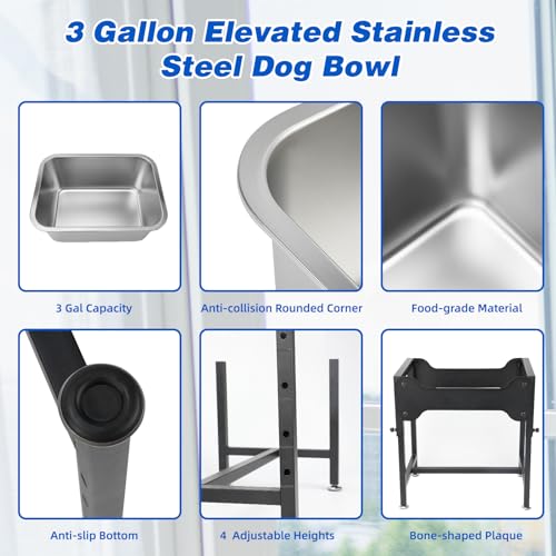 YUEPET 3 Gallon Elevated Dog Water Bowl for Large Extra Large Dogs Stainless Steel Dog Bowl with 4 Heights Adjustable Metal Anti-Slip Stand Pet Food Bowl for Joint Pressure Relief Indoor Outdoor Use - Image 3