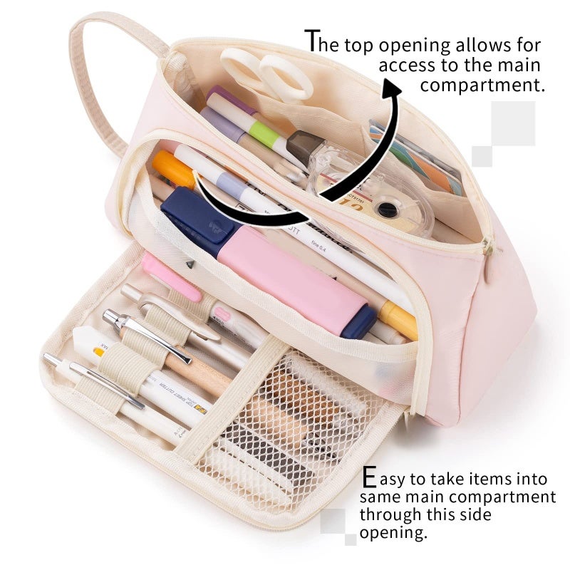 Pink Pencil Case: Large Storage Capacity For Up To 50 Pens-Pencils - Multi-Function Dual Opening Design With View Compartment - Durable Polyester Fabric With Hand-held Band For School, Travel Or Daily - Image 3