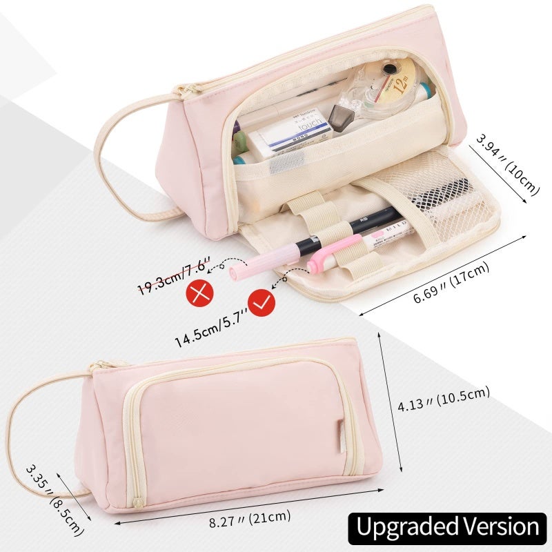 Pink Pencil Case: Large Storage Capacity For Up To 50 Pens-Pencils - Multi-Function Dual Opening Design With View Compartment - Durable Polyester Fabric With Hand-held Band For School, Travel Or Daily - Image 4