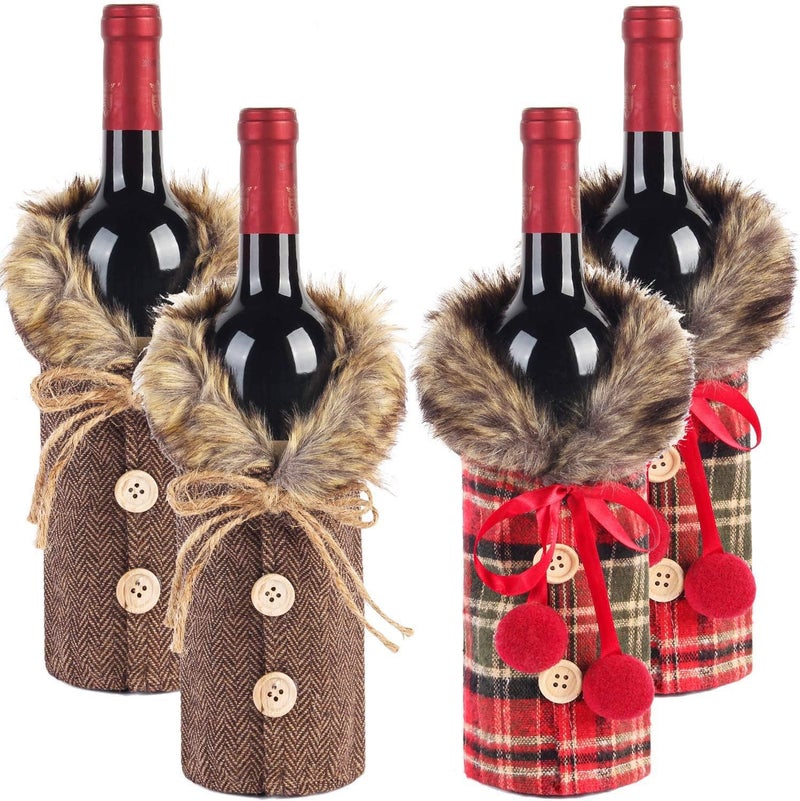 Festanlee Tanlee 4 Pieces Christmas Sweater Plaid Wine Bottle Covers With Faux Fur Collar And Button Coat Design For Xmas Party Decorations - Image 1