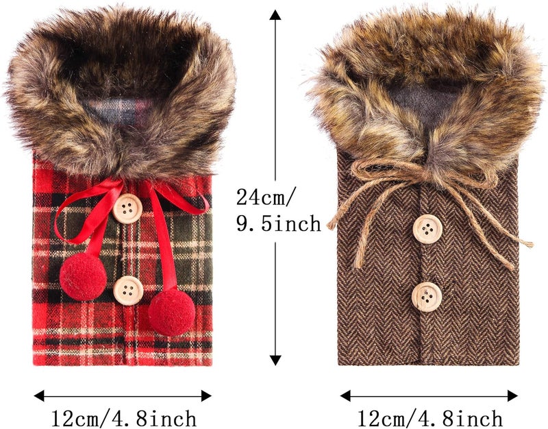Festanlee Tanlee 4 Pieces Christmas Sweater Plaid Wine Bottle Covers With Faux Fur Collar And Button Coat Design For Xmas Party Decorations - Image 3