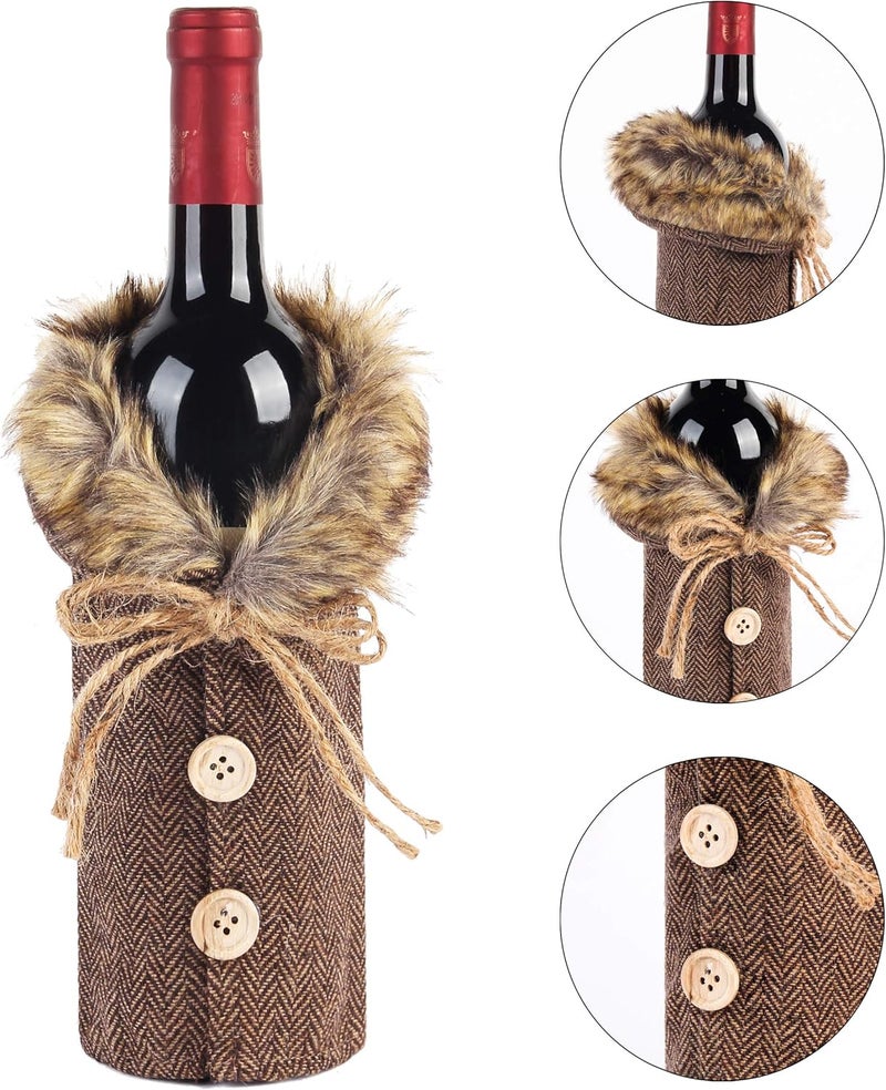 Festanlee Tanlee 4 Pieces Christmas Sweater Plaid Wine Bottle Covers With Faux Fur Collar And Button Coat Design For Xmas Party Decorations - Image 2