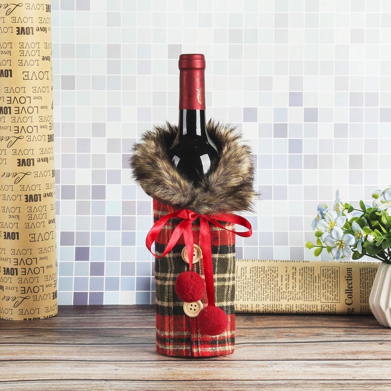 Festanlee Tanlee 4 Pieces Christmas Sweater Plaid Wine Bottle Covers With Faux Fur Collar And Button Coat Design For Xmas Party Decorations - Image 5