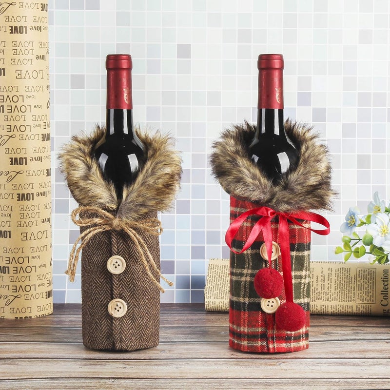 Festanlee Tanlee 4 Pieces Christmas Sweater Plaid Wine Bottle Covers With Faux Fur Collar And Button Coat Design For Xmas Party Decorations - Image 4