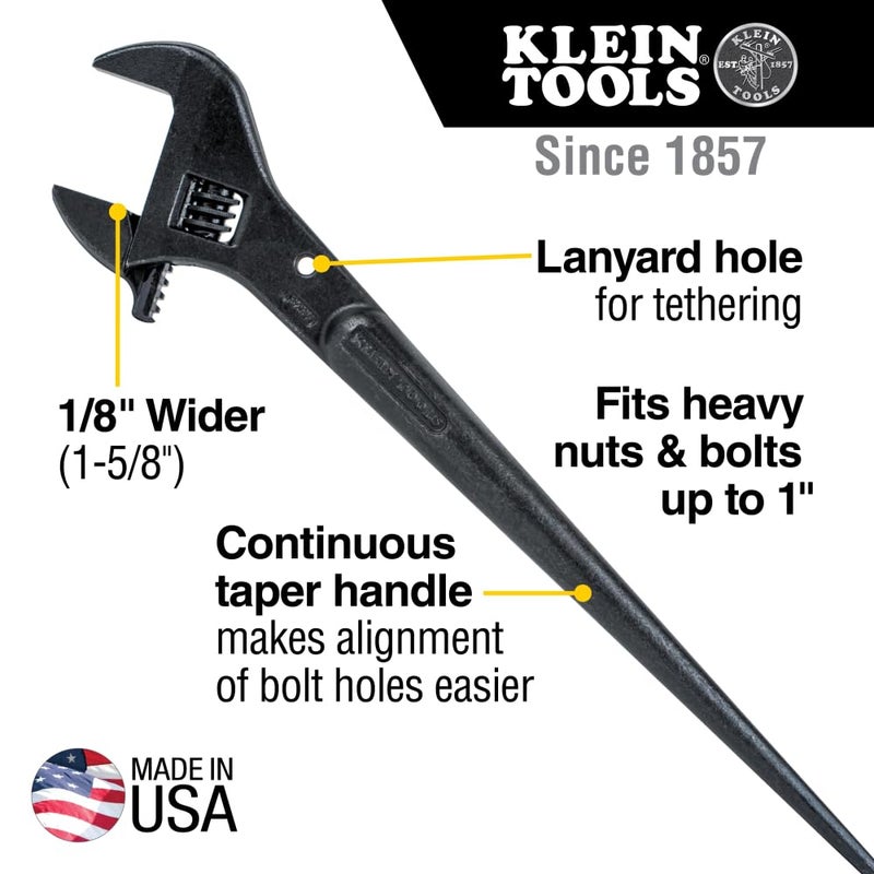 Klein Tools 3239 Adjustable Spud Wrench, Made in USA, 16-Inch Length, 1-5/8 Wrench Opening, Fits Heavy Nuts and Bolts up to 1-Inch, Tethering - Image 2