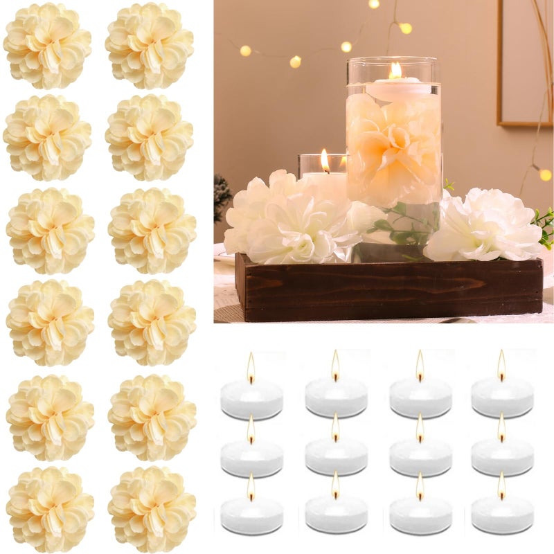 Wppnsy 24 Pcs Floating Candles For Centerpieces And Floating Flowers Artificial Flowers Head Vase Filler For Party Home Table Wedding Centerpieces Decoration (Champagne) - Image 1