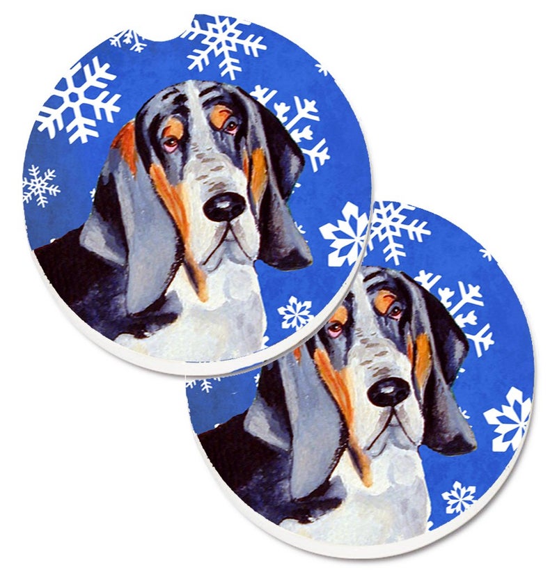 Caroline's Treasures LH9282CARC Basset Hound Winter Snowflakes Holiday Set of 2 Cup Holder Car Coasters Absorbent Sandstone Coasters for Car Cup Holders Gifts for Men or Women  Large  Multicolor
