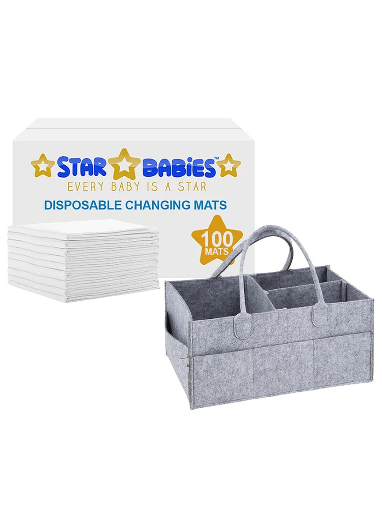STAR BABiES Regular Diaper Caddy Organizer With Disposable Changing Mat Pack Of 100 - Grey