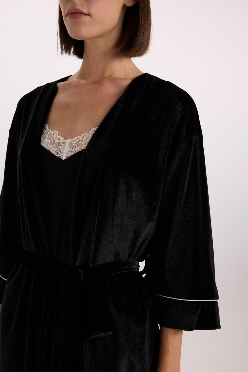 DeFacto Woman Fall in Love Regular Fit Wrap Neck Velvet Robe  - Image 5