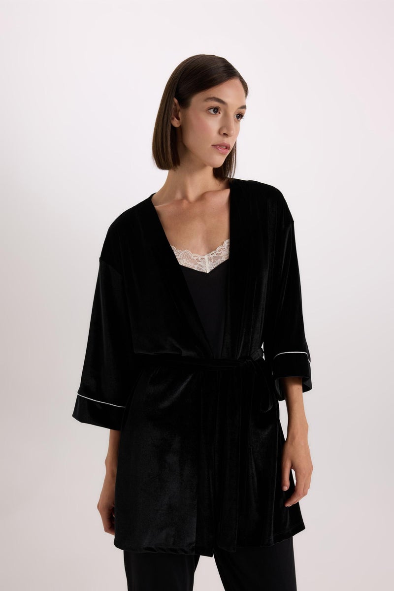 DeFacto Woman Fall in Love Regular Fit Wrap Neck Velvet Robe  - Image 4