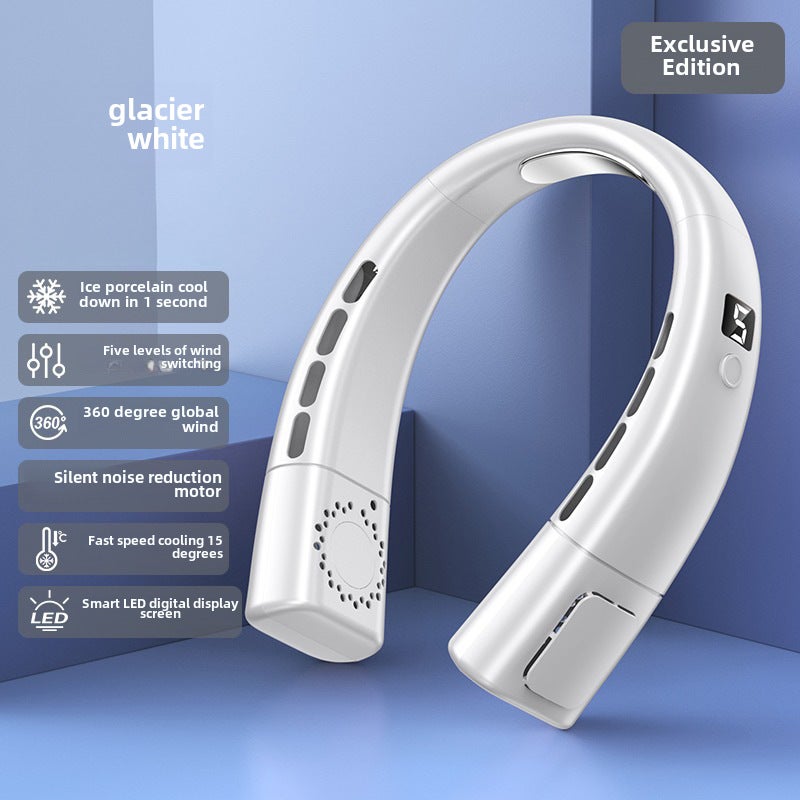 New Neck Fan with LED Light Display Rechargeable Mini Portable USB White Premium Edition [Fifth Gear Digital Display + Ice Porcelain]]