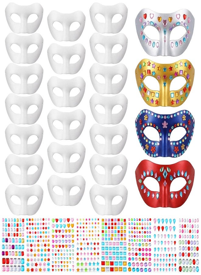 Xosjska 24 Pack Paper Mache Art Mask White Paper Mask Half Face Masquerade Masks DIY White Craft Masquerade Masks and Gem Stickers Cosplay Party Halloween DIY Blank Mardi Gras - Image 1