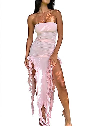 Balimtoy Women's Bandeau Dress Strapless Ruffle Bodycon Midi Dress Sexy Ruched High Split Tube Y2k Long Party Dresses Pink S - Image 1