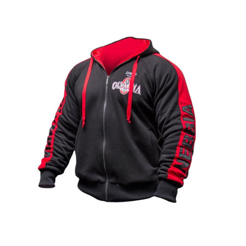 Generic 2019 New Olympia Fitness Hoodie Cotton Print Zip Sweatshirt Black with red zipper