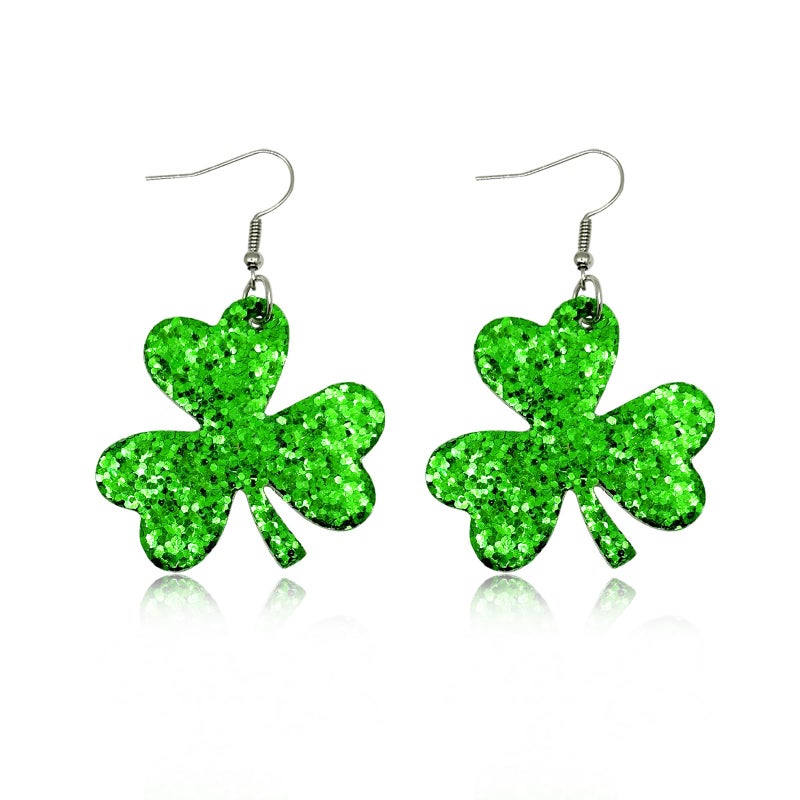 St Patricks Day Earrings Sparky Green Four Leaf Hat Shamrock Danlge Earrings for Women Irish Holiday Gift(C-Sparky)