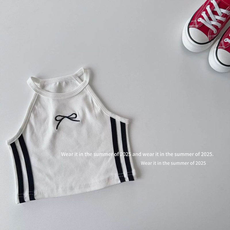 Girls' Summer Short-Sleeved T-Shirt Baby Stylish Children'S Personality Trendy Bow Embroidered Striped Color-Block Vest Sling - Image 1