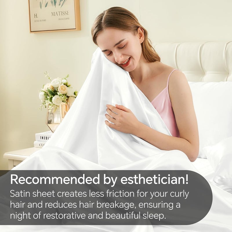 BEDELITE Satin Sheets Queen Size Bed Set, Luxury Soft White Silky Sheets for Hair and Skin, Similar to Silk Bed Sheets Set 4 Pieces （1 Deep Pocket Fitted Sheet, 1 Flat Sheet, and 2 Pillowcases） - Image 4
