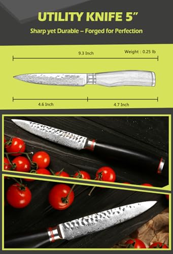 YOUSUNLONG Utility Knife 5 inch Japanese 67 Layers Hammered Damascus Steel with Natural Leadwood Handle - Image 3