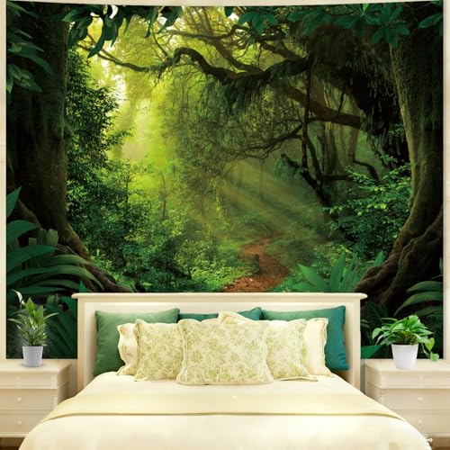 Apdidl Green Forest Backdrop Tapestry for Bedroom, Nature Tree Cave Fantasy Landscape Ceiling Wall Mural Tapestries, Misty Scenic Jungle Decor Wall Hanging for Living Room Indoor Outdoor 51" X 60" - Image 1