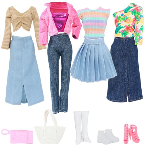 BLIJOLA 10Pcs Doll Clothes Accessories Including 4 Sets Casual Doll Clothing Skirt Long Dress Top and Pant Outfits with 4 Pair of Shoes 2 Handbags for 115 inch Girl Doll Theme Set - Image 1