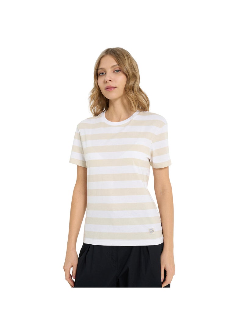 Termit Women's T-shirt White/Beige, Termit, Striped Design, Comfortable Cotton Fabric, Relaxed Fit, Perfect for Active Days and Everyday Wear - Image 4