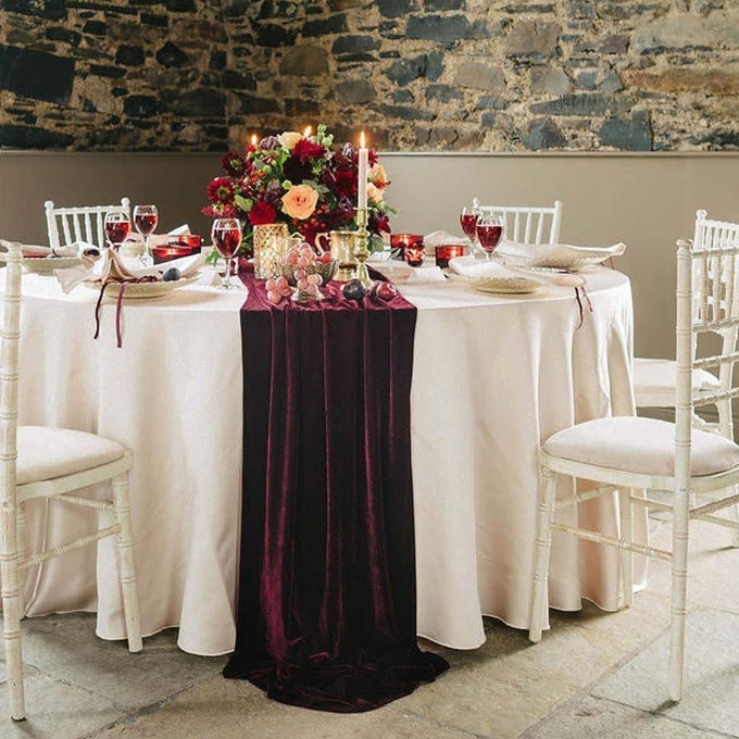 LUXURIOUS VELVET TABLE RUNNER 10FT WEDDING RECEPTION DECORATIONS 20X120INCH SOFT VELVET FABRIC TABLE LINEN OVERLAY WEDDING TABLE RUNNERS BURGUNDY 20X120INCH