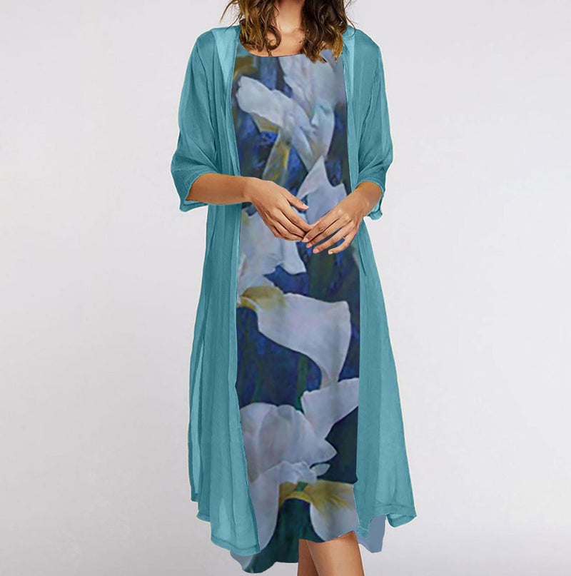 2022 European and American Amazon summer womens dress two-piece set popular flowers and plants printed round neck dress coat for women Light green big Lily