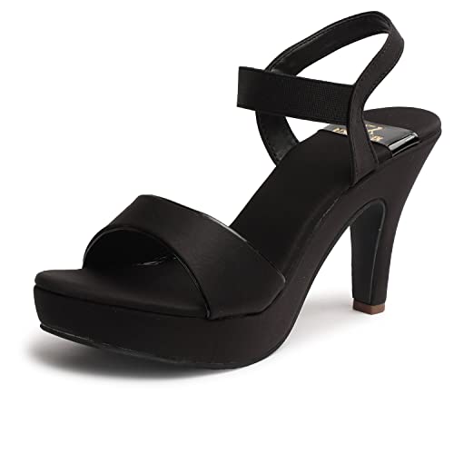 XE Looks Women's Platform Pencil High Heels | Stylish Ankle Strap Open-Toe Sandals for Girls | Cushioned Anti-Skid Sole | Comfortable Heels for Party Casual Wear (Black) - Image 1