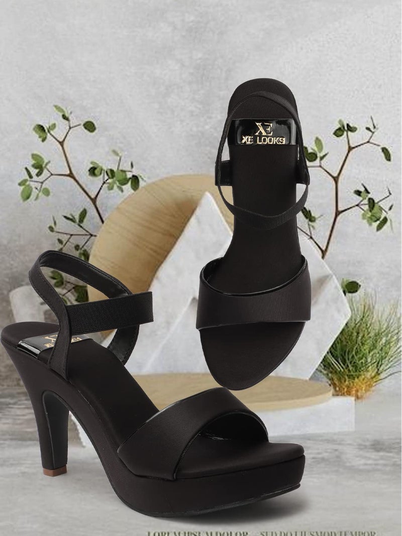 XE Looks Women's Platform Pencil High Heels | Stylish Ankle Strap Open-Toe Sandals for Girls | Cushioned Anti-Skid Sole | Comfortable Heels for Party Casual Wear (Black) - Image 2