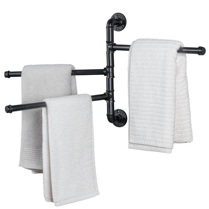 WALL MOUNTED BATHROOM TOWEL RACK BLACK METAL INDUSTRIAL PIPE DESIGN SWIVEL 3 BAR TOWEL RACK