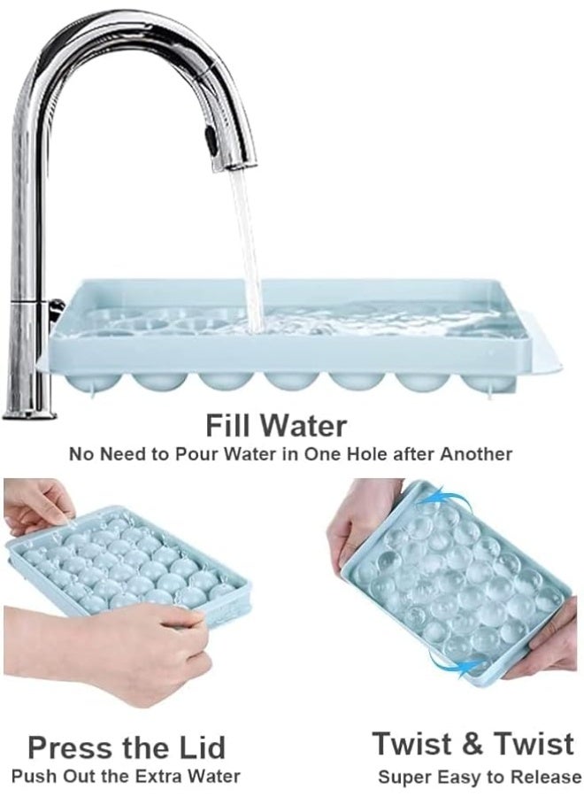 Clazkit قالب مكعبات ثلج بلاستيكية صغيرة مستديرة من Clazkit مع غطاء لصنع كرات الثلج للعصائر الطازجة، والموكتيلات، والويسكي، والكوكتيلات، والشاي، والقهوة. يحتوي على 33 تجويفًا، سهل الفتح، قابل للتكديس في المجمد. عبوة من قطعتين، أزرق، وردي. - Image 3