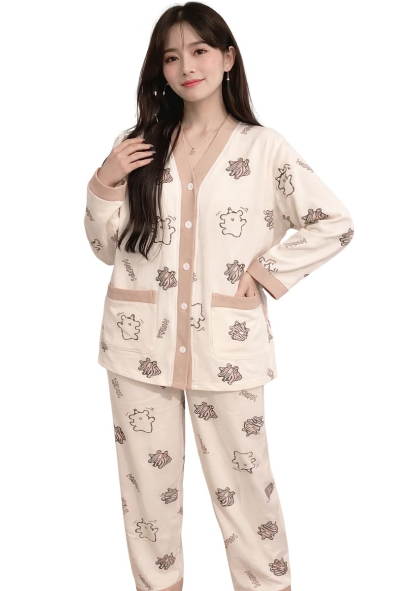 Celary Korean Style Women’s Night Suit|| Cute Printed Pajama Set with Long Sleeve Top & Pants|| Cotton Loungewear||Winter Night Dress|| Full Sleeves with Front Buttons - Image 1