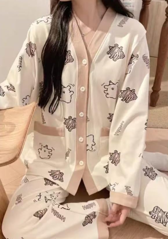 Celary Korean Style Women’s Night Suit|| Cute Printed Pajama Set with Long Sleeve Top & Pants|| Cotton Loungewear||Winter Night Dress|| Full Sleeves with Front Buttons - Image 3