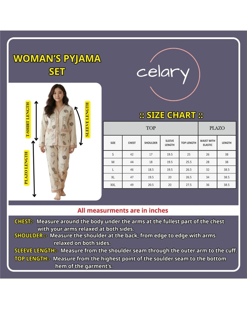 Celary Korean Style Women’s Night Suit|| Cute Printed Pajama Set with Long Sleeve Top & Pants|| Cotton Loungewear||Winter Night Dress|| Full Sleeves with Front Buttons - Image 5